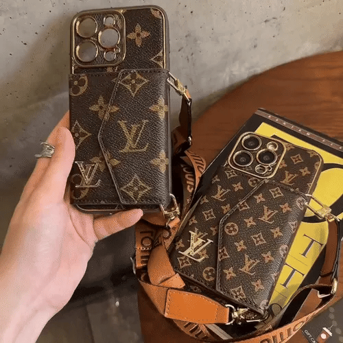 Étui pour iPhone monogramme avec portefeuille et sangle marron petite impression-XFQ240329