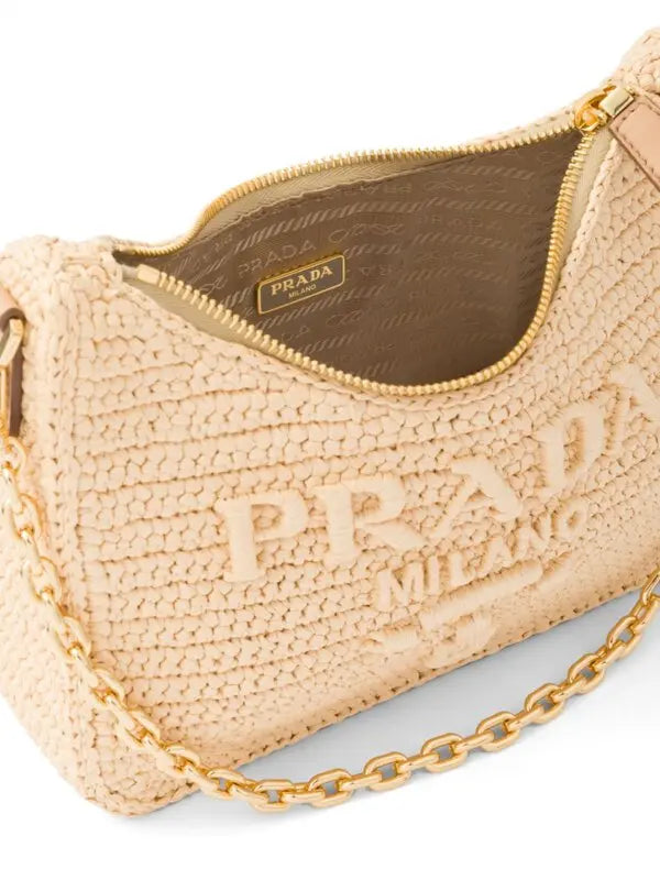 Beige Woven Shoulder Bag with Gold Chain – Summer Chic Handbag
