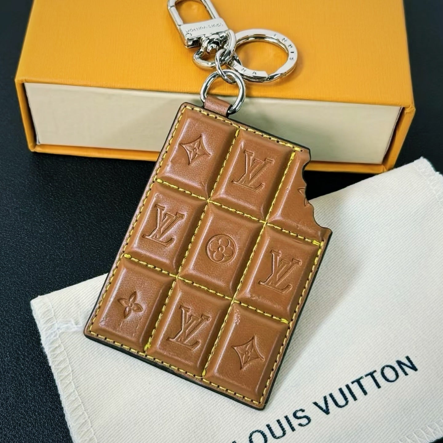 Quilted Chocolate-Style Leather Keychain