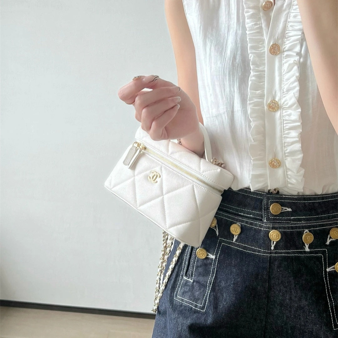 White Quilted Mini Vanity Bag with Gold Chain