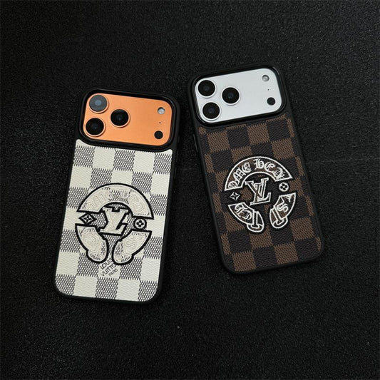 刺繡皮革紋理棋盤格手機殼,帶凸縫標誌