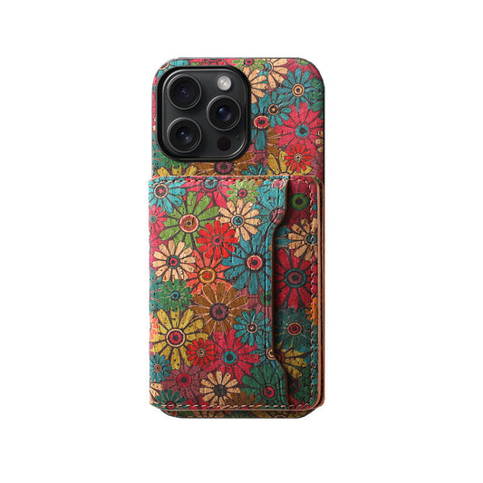 Capa tipo carteira de couro para estações florais vintage – proteção Boho Chic para capa de iPhone