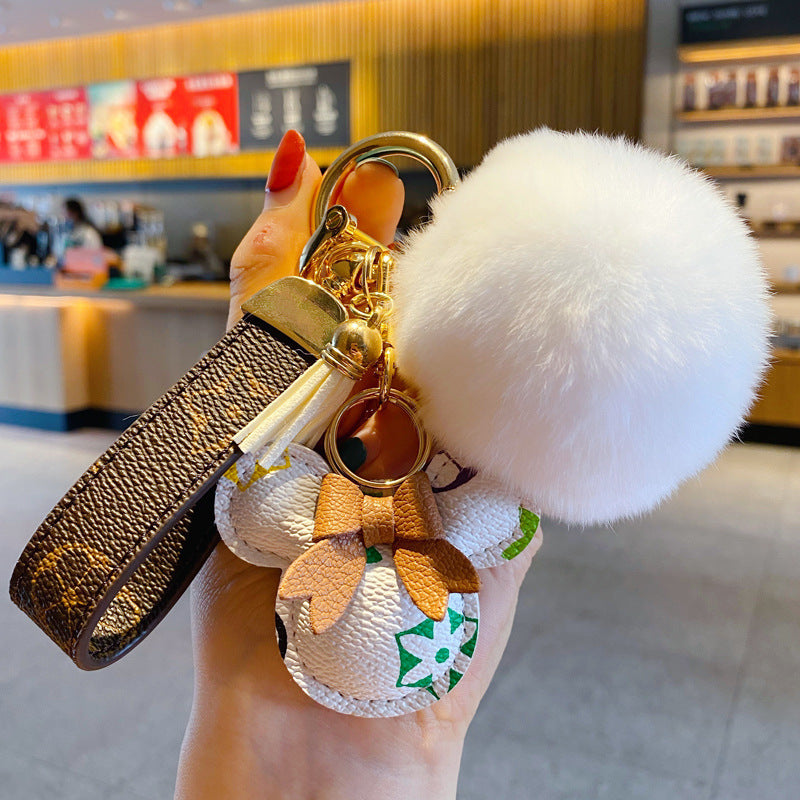 Chaveiro de luxo do Mickey – Couro sintético & Pingente de pompom de pele sintética para bolsa ou carro.