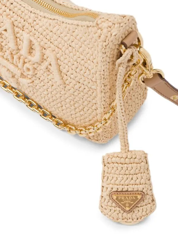 Beige Woven Shoulder Bag with Gold Chain – Summer Chic Handbag