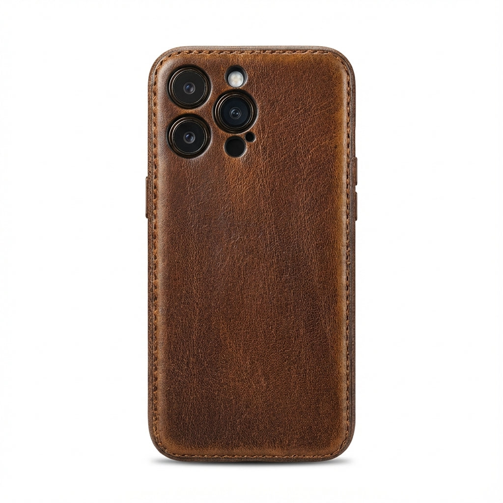 Funda para iPhone de cuero curtido vegetal hecha a mano de Kakavy - Edición Vintage Patina
