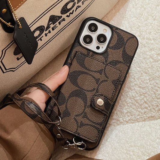Capa de couro com corrente para iPhone com bolsa de cartão Coa