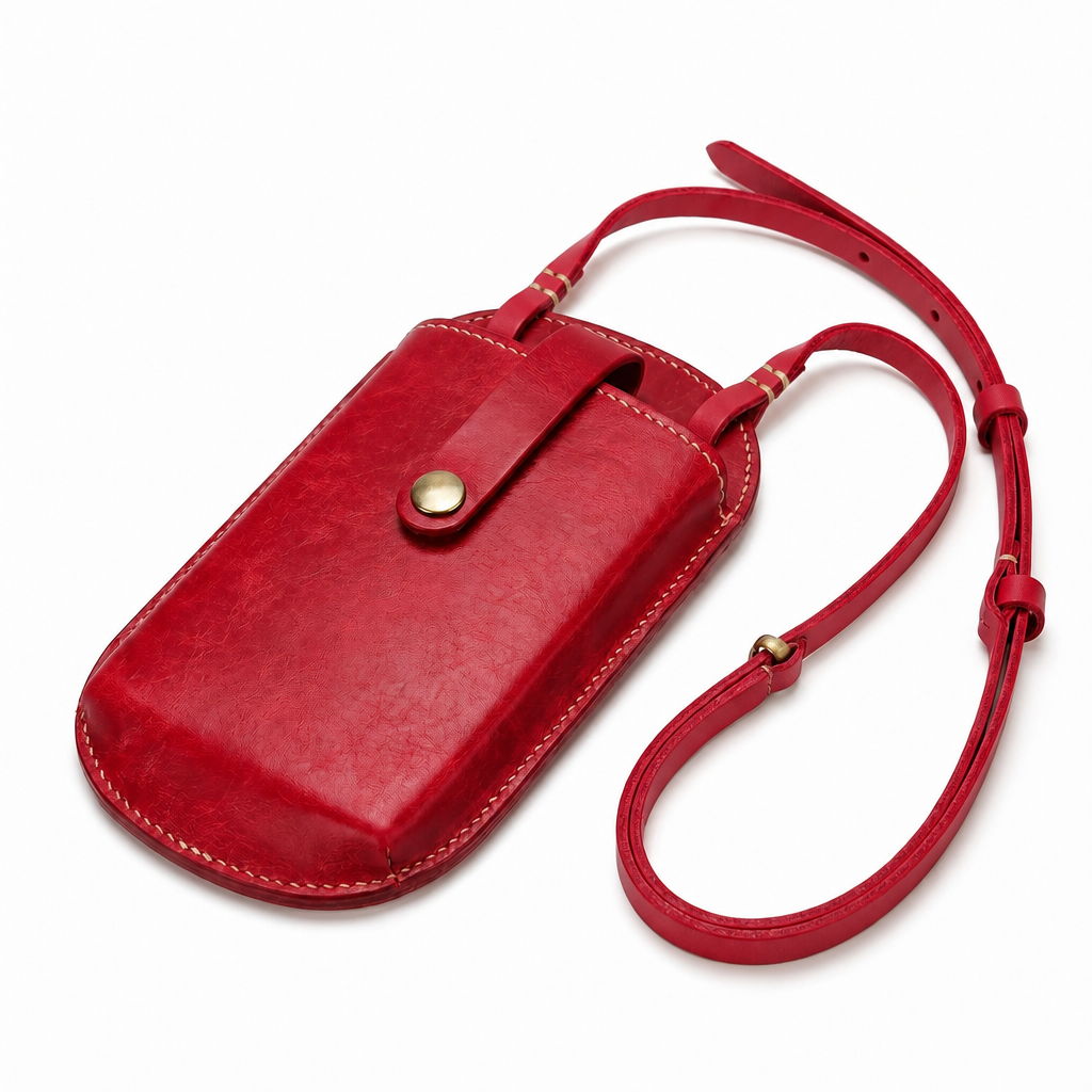 Handmade leather phone bag with shoulder strap