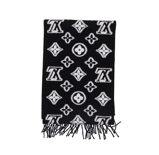 Black and white geometric pattern knitted scarf, fringed edge thermal shawl