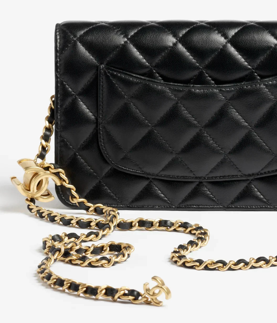 鏈條錢包閃亮小羊皮珍珠金色金屬