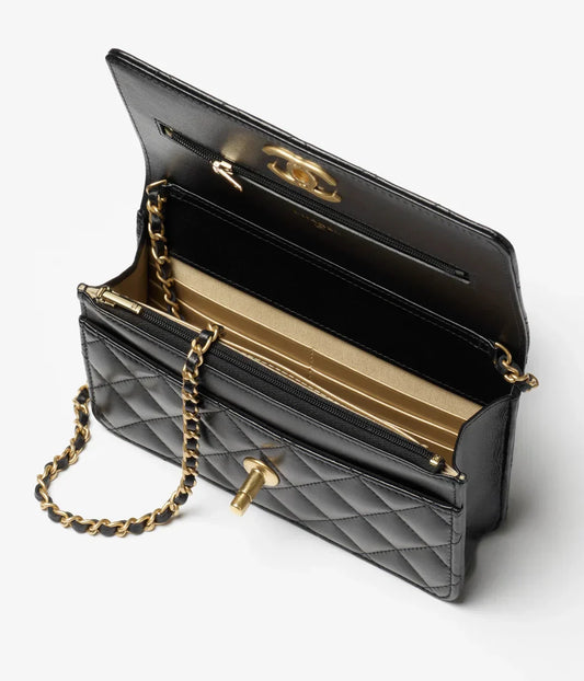 鏈條錢包閃亮小羊皮珍珠金色金屬