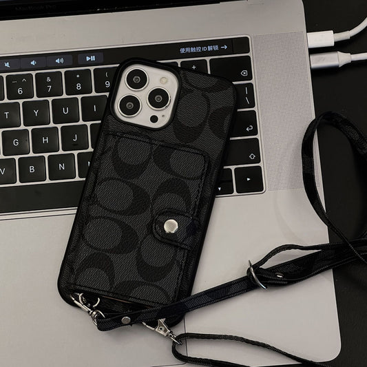 Capa de couro com corrente para iPhone com bolsa de cartão Coa