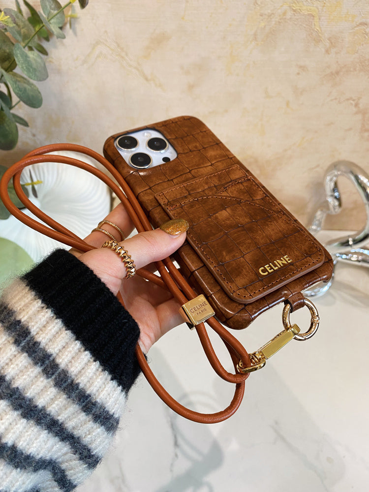 Alligator Print Celine iPhone tok kártyatartóval és barna szíjjal -EYP241415
