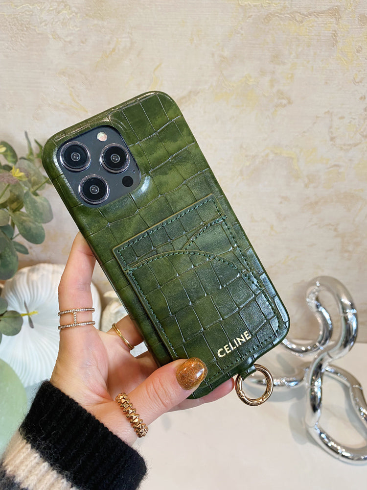Alligator Print Celine iPhone-etui med kortholder og strop Grøn -EYP241415