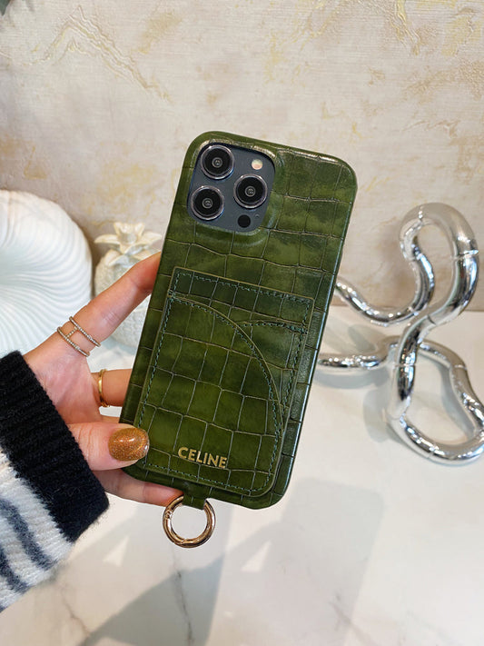 Alligator Print Celine iPhone-kotelo, jossa korttipidike ja hihna vihreä -EYP241415