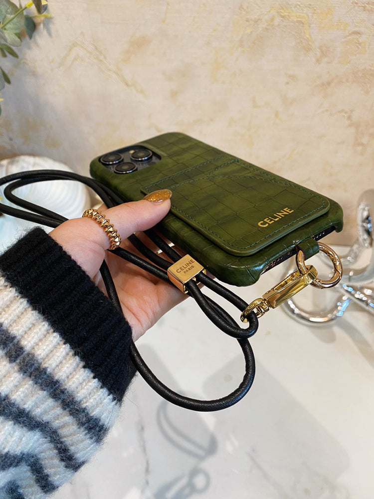 Alligator Print Celine iPhone-etui med kortholder og strop Grøn -EYP241415