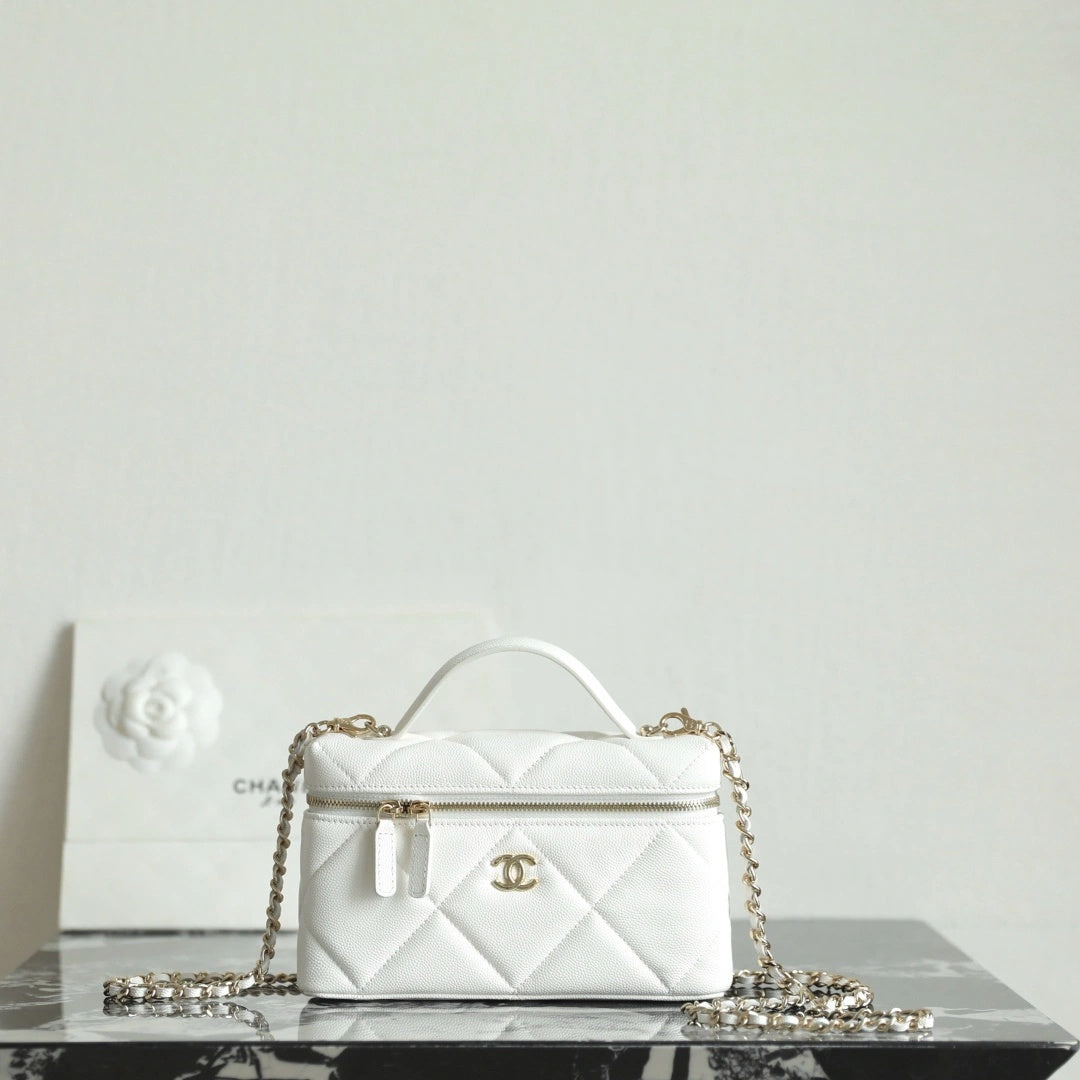 White Quilted Mini Vanity Bag with Gold Chain