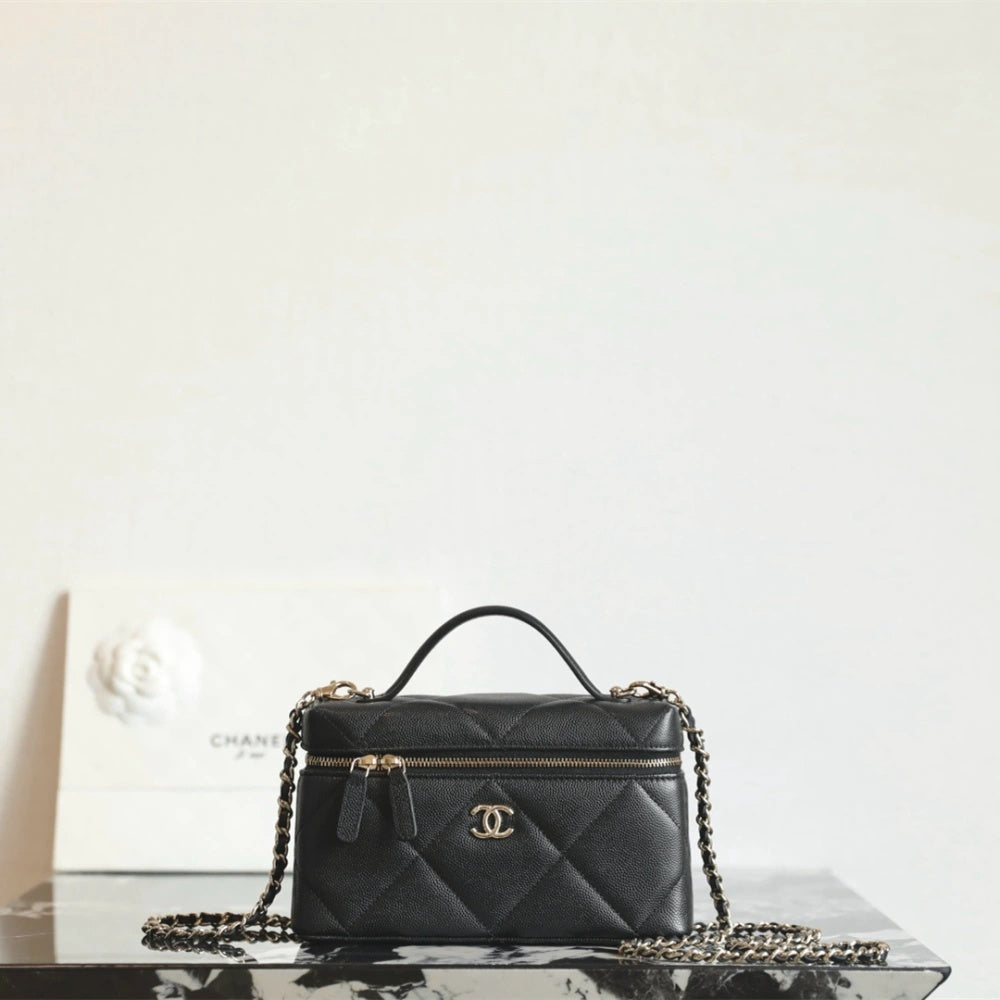 Black Quilted Mini Vanity Bag with Gold Chain