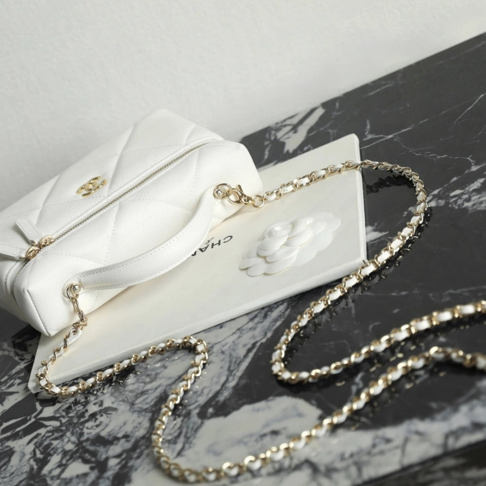 White Quilted Mini Vanity Bag with Gold Chain