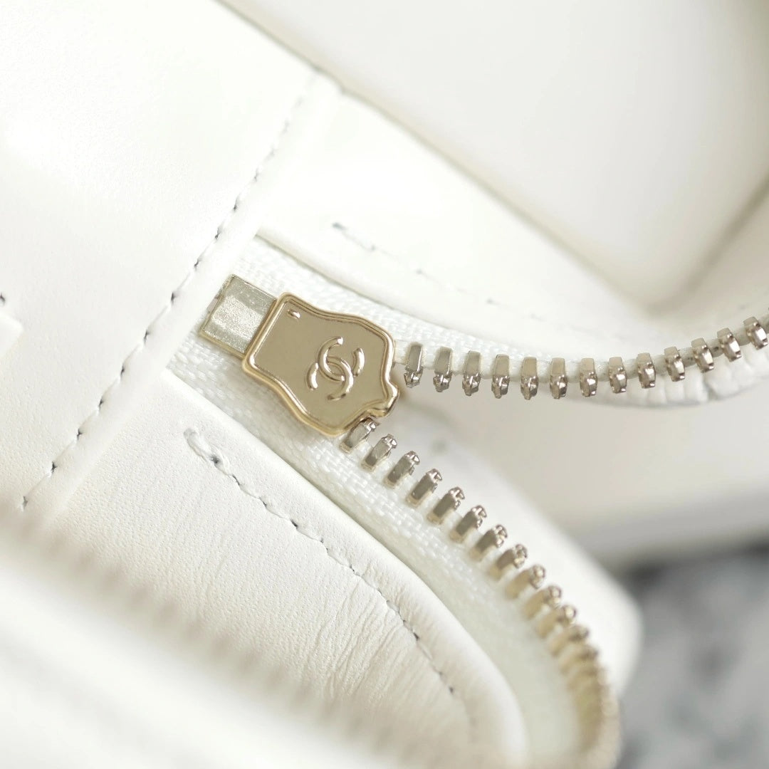 White Quilted Mini Vanity Bag with Gold Chain