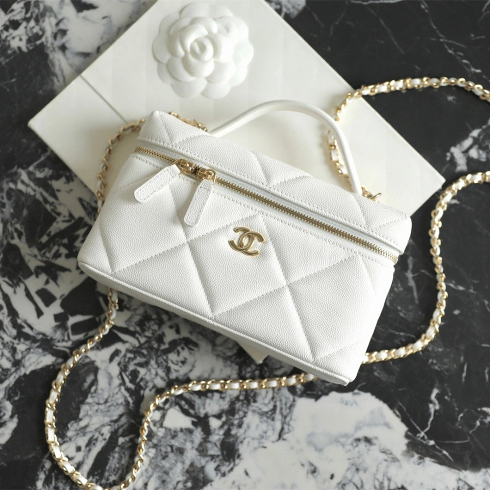 White Quilted Mini Vanity Bag with Gold Chain