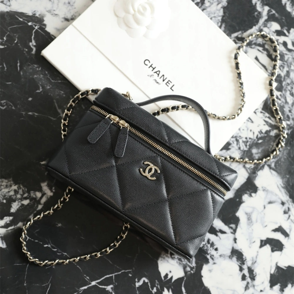 Black Quilted Mini Vanity Bag with Gold Chain