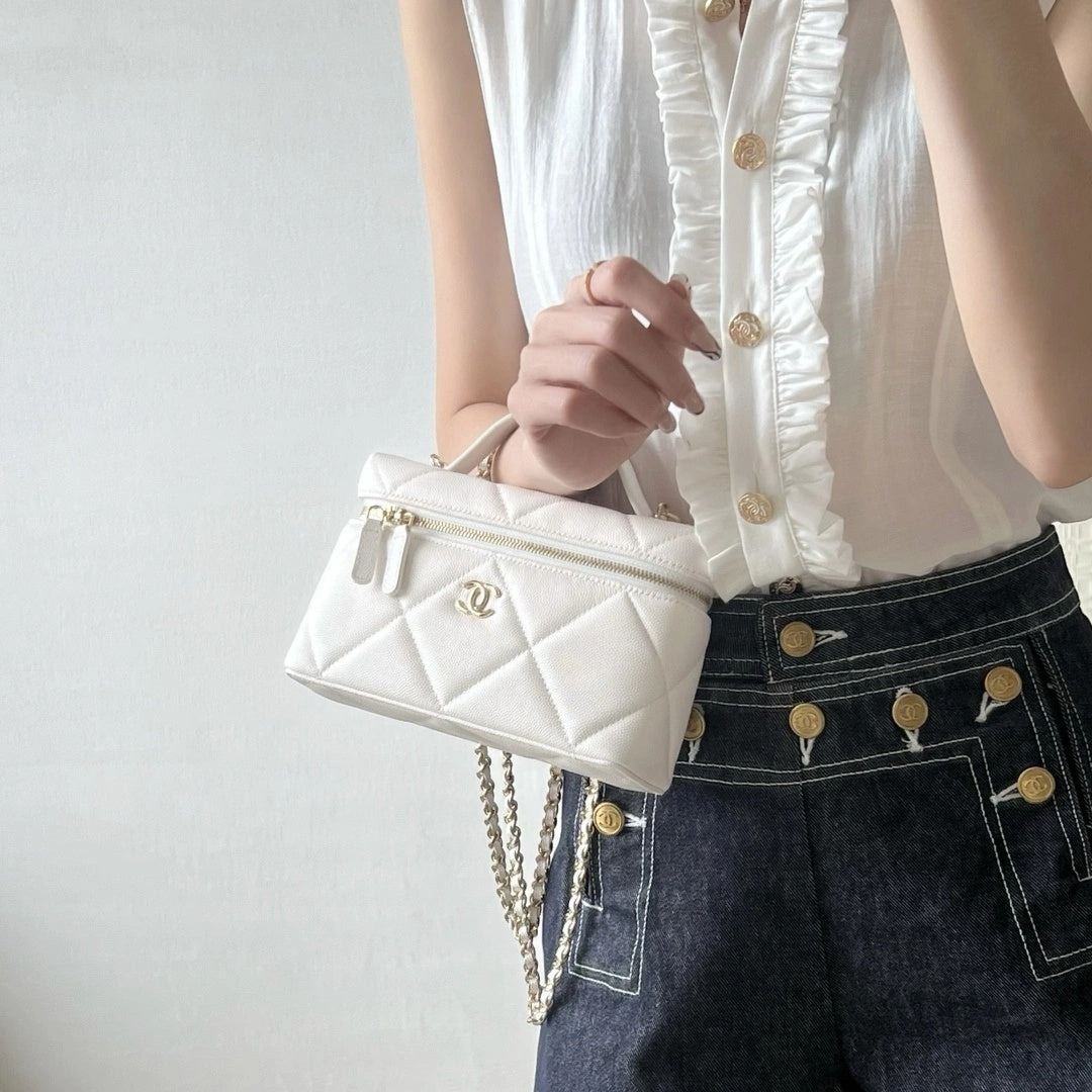 White Quilted Mini Vanity Bag with Gold Chain