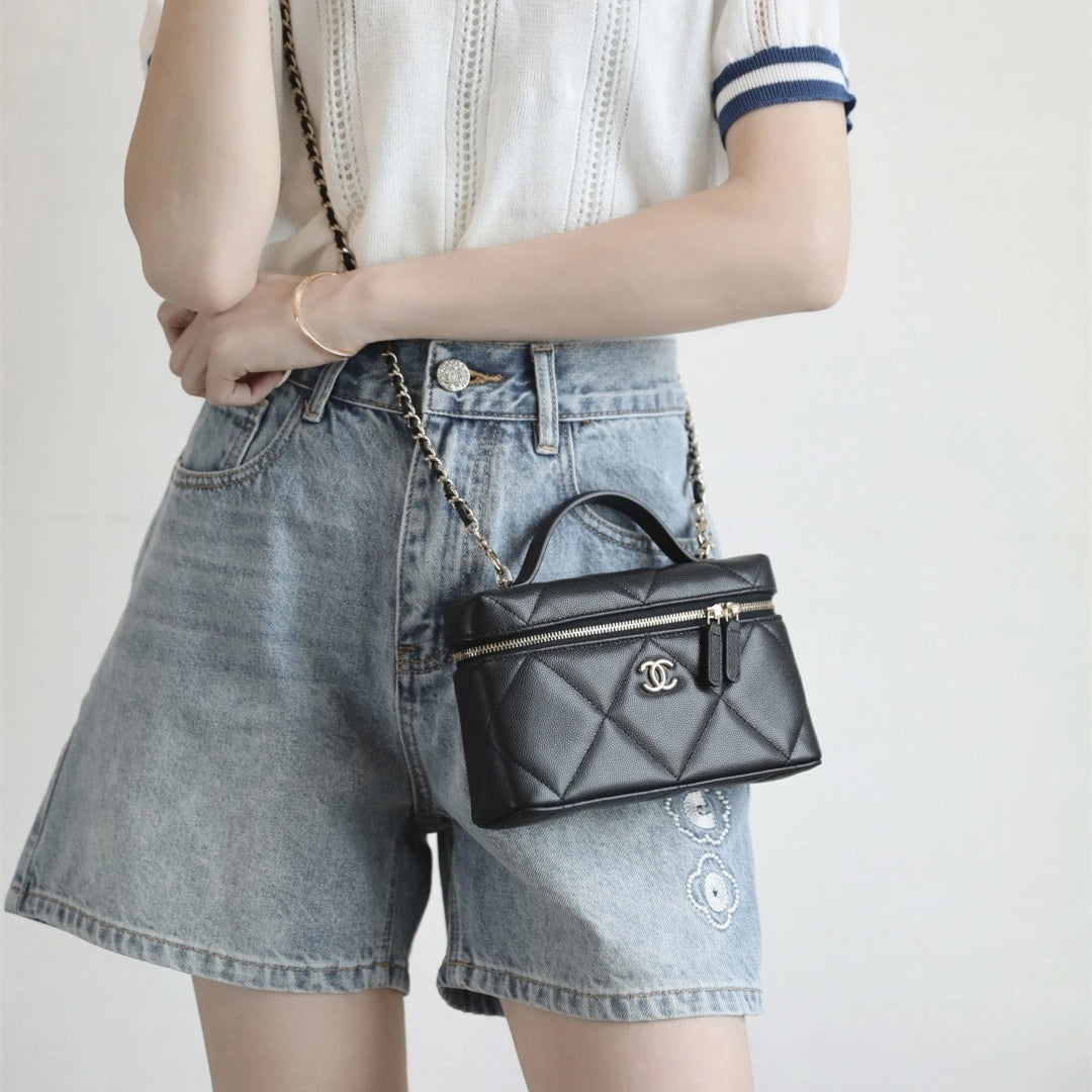 Black Quilted Mini Vanity Bag with Gold Chain