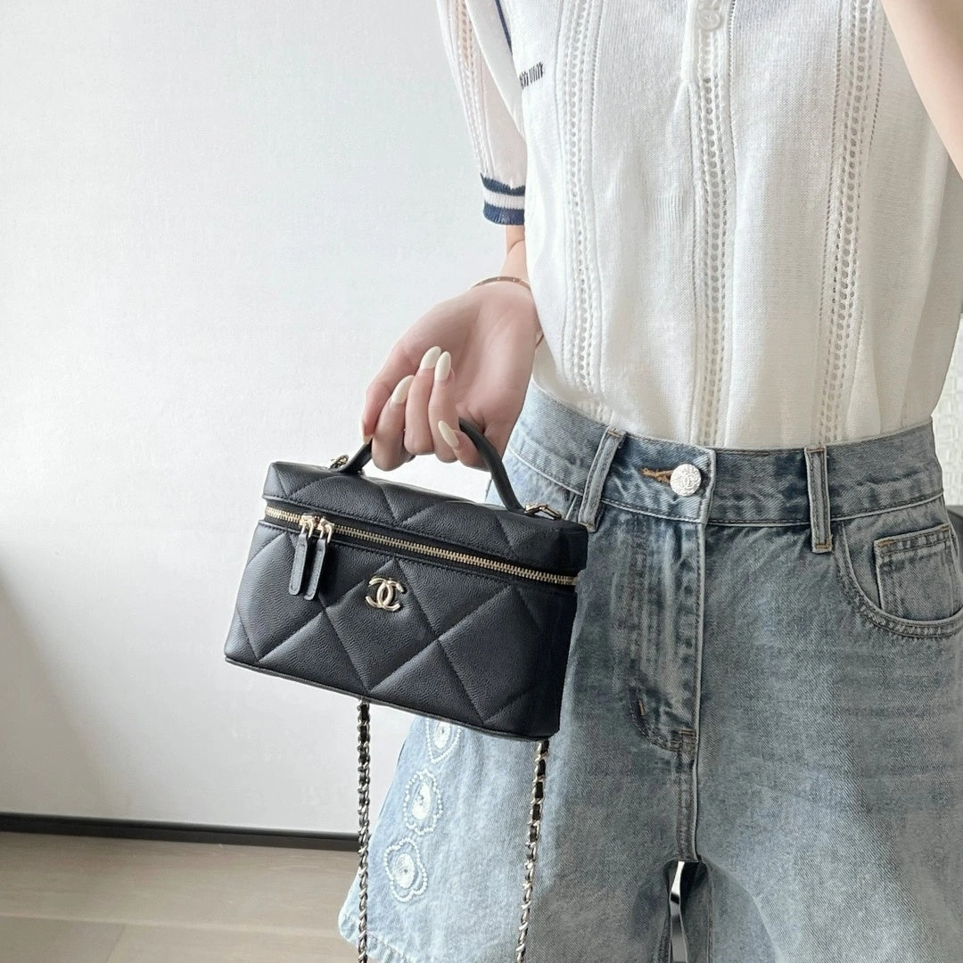 Black Quilted Mini Vanity Bag with Gold Chain
