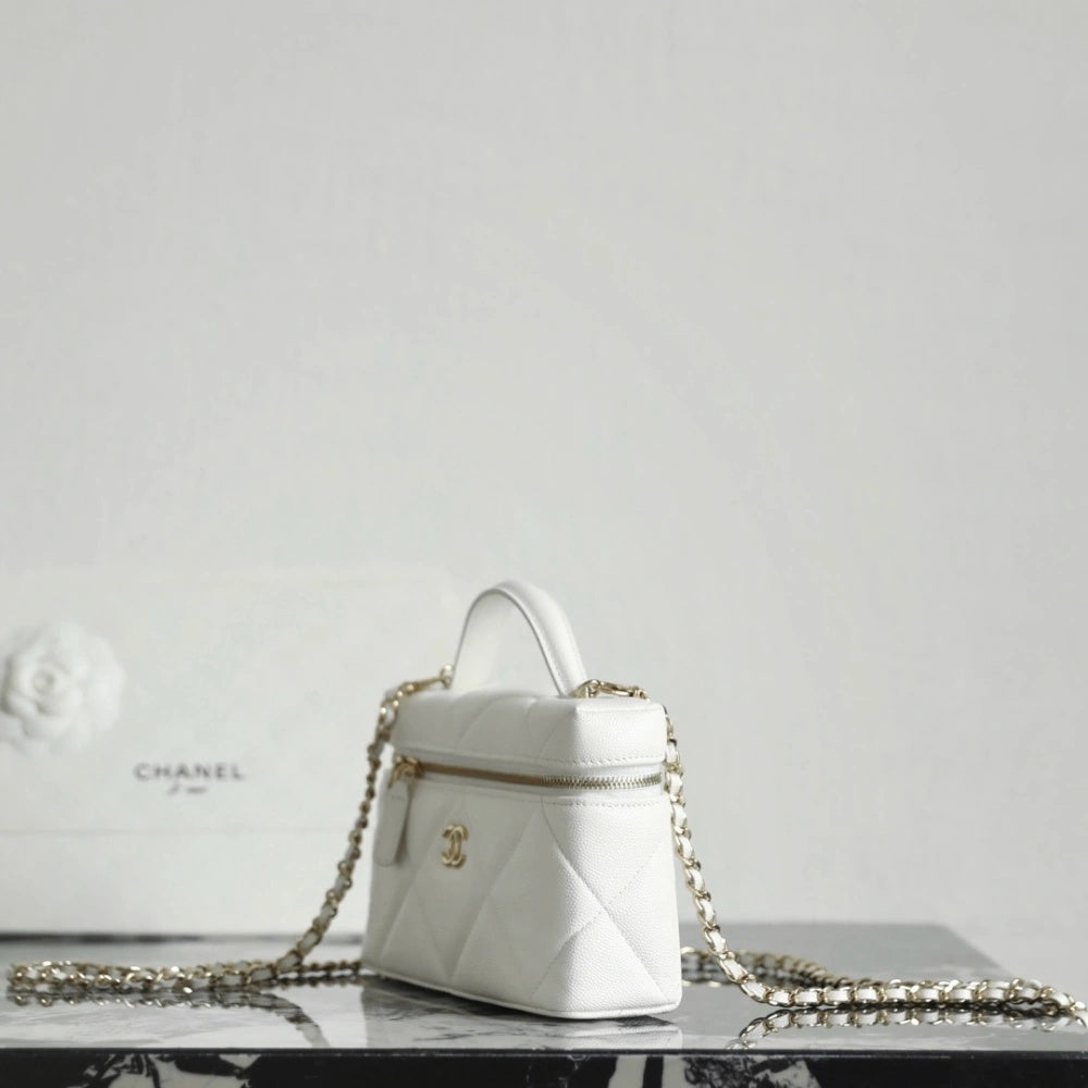 White Quilted Mini Vanity Bag with Gold Chain