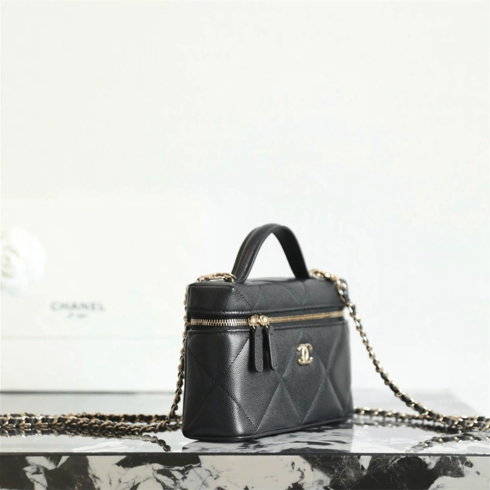 Black Quilted Mini Vanity Bag with Gold Chain