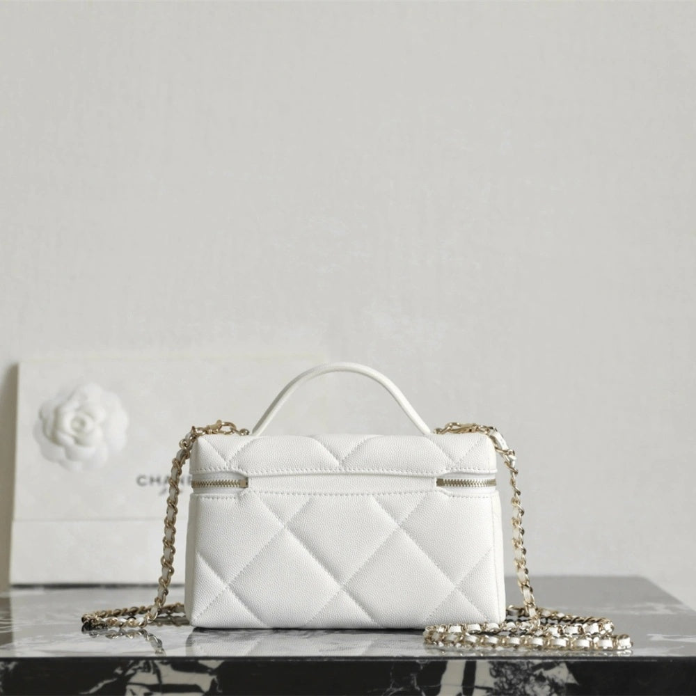 White Quilted Mini Vanity Bag with Gold Chain