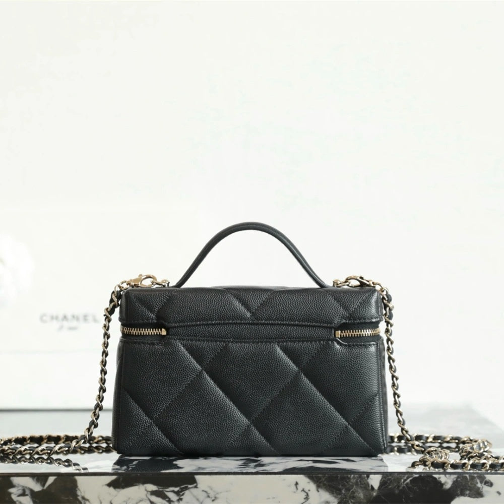 Black Quilted Mini Vanity Bag with Gold Chain