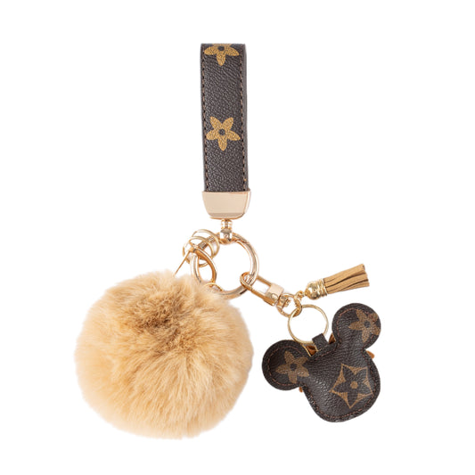 Chaveiro de luxo do Mickey – Couro sintético & Pingente de pompom de pele sintética para bolsa ou carro.