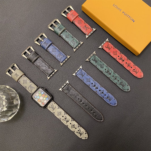 Curele Apple Watch cu monogramă din piele, albastru-YH24422