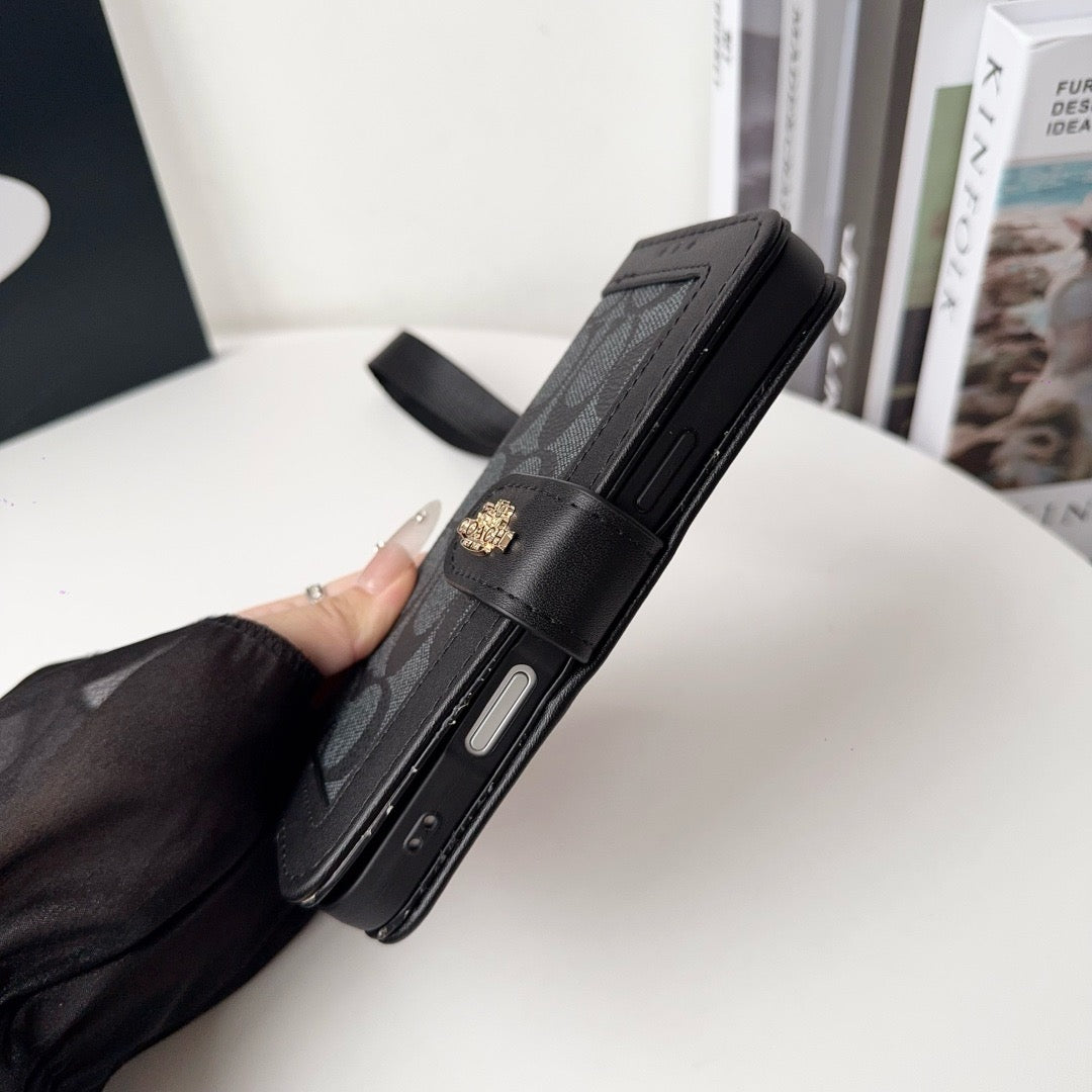 CO Luxury Pattern Wallet iPhone Case with Card Holder and Strap