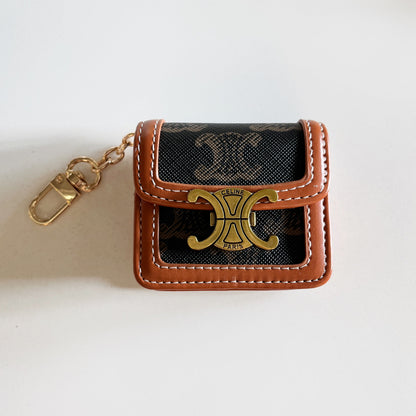 Luxury Leather Keychain AirPods Case with Gold Hardware