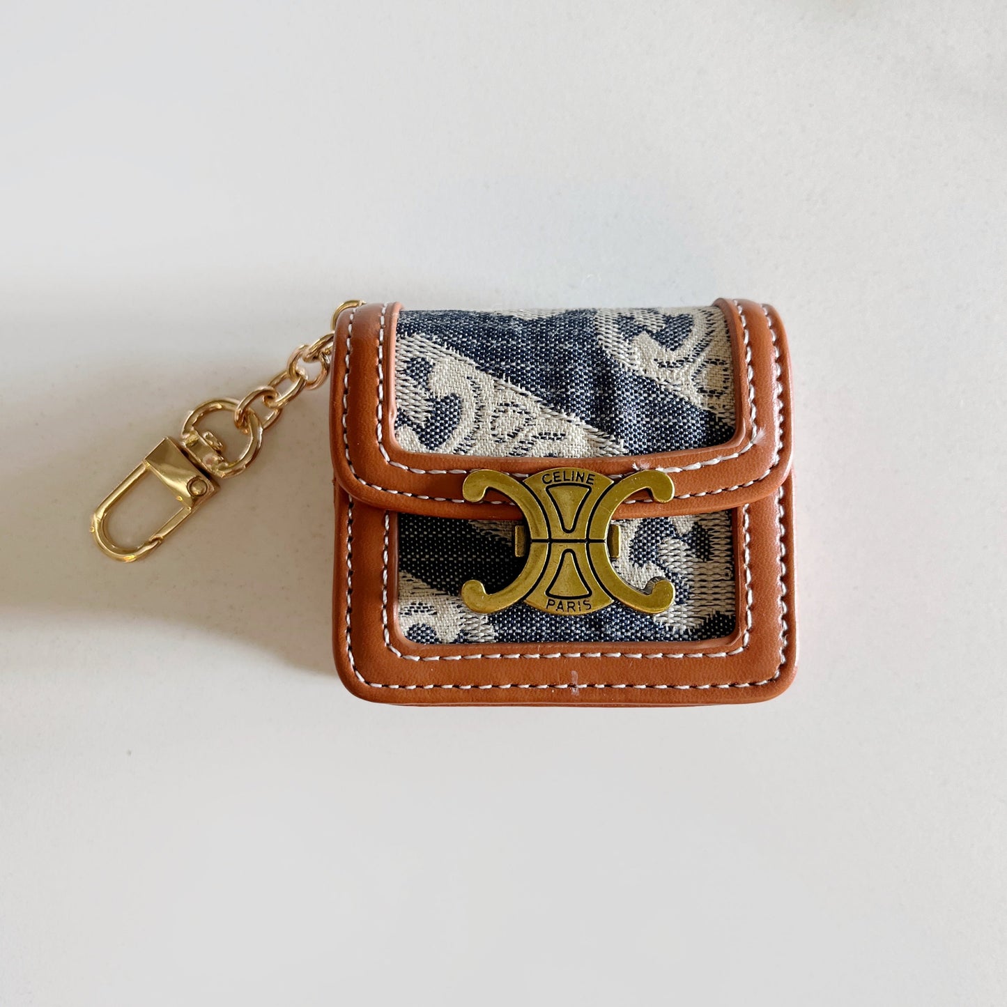 Luxury Leather Keychain AirPods Case with Gold Hardware