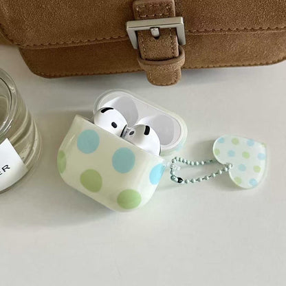 Polka Dot AirPods Case with Heart Charm – Pastel Blue & Green