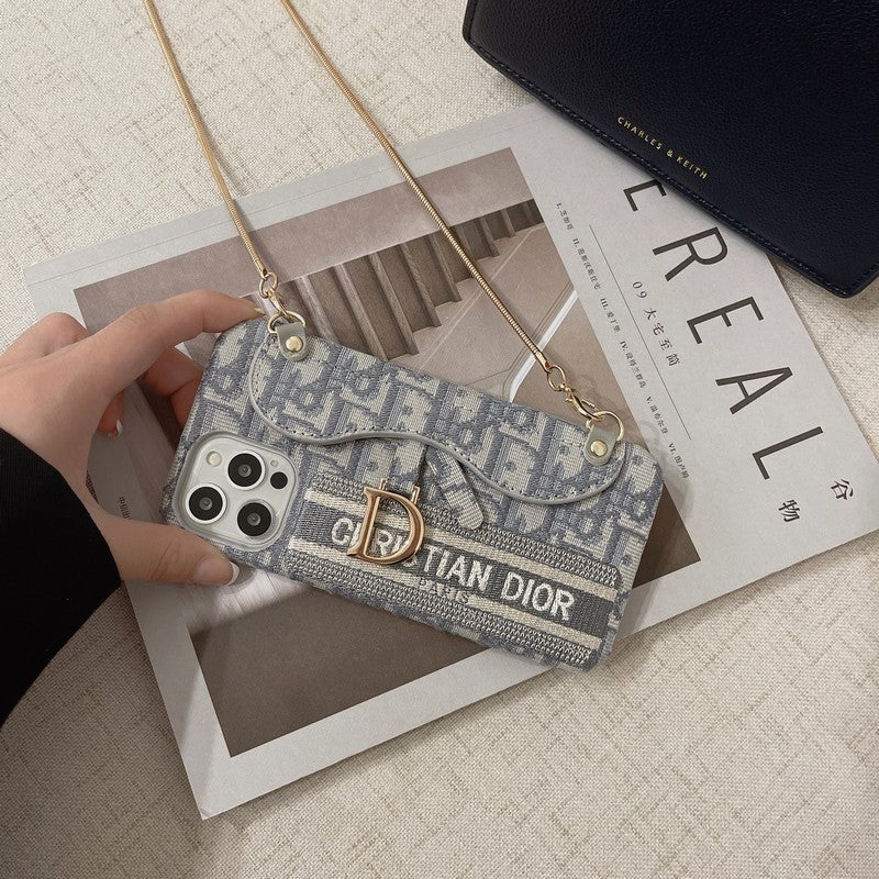 CD negro & Funda para iPhone tipo bandolera de tela gris con diseño de tarjetero