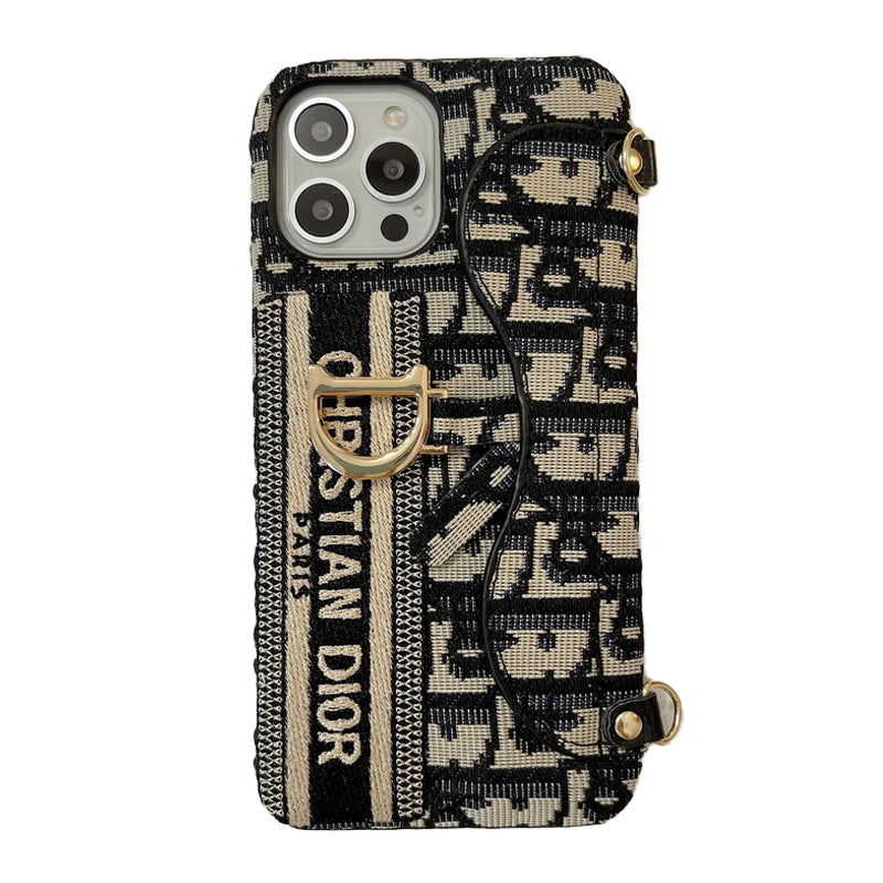 CD negro & Funda para iPhone tipo bandolera de tela gris con diseño de tarjetero