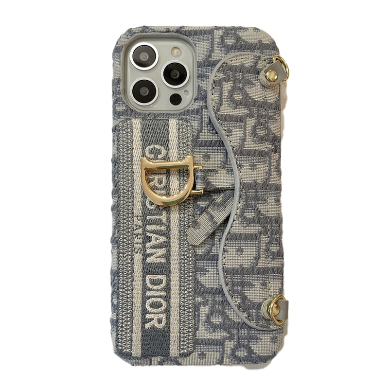 CD negro & Funda para iPhone tipo bandolera de tela gris con diseño de tarjetero