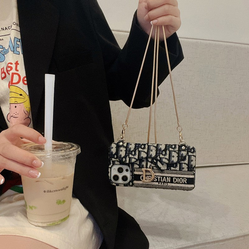 CD negro & Funda para iPhone tipo bandolera de tela gris con diseño de tarjetero