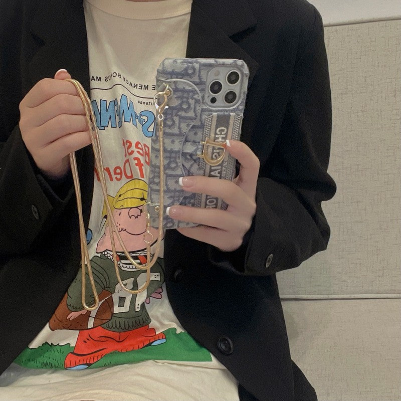 CD negro & Funda para iPhone tipo bandolera de tela gris con diseño de tarjetero