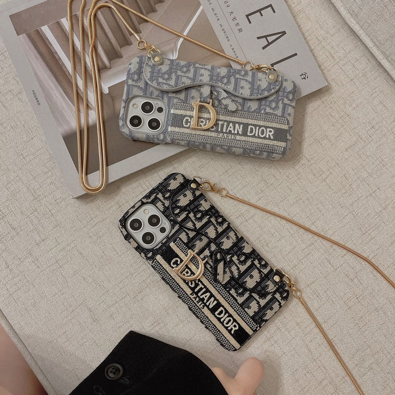 CD negro & Funda para iPhone tipo bandolera de tela gris con diseño de tarjetero