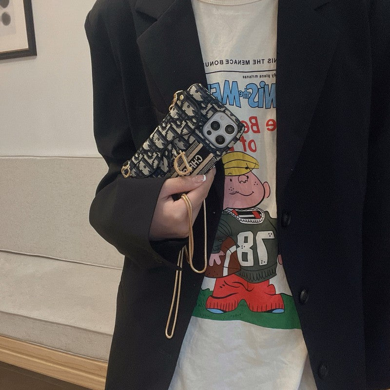 CD negro & Funda para iPhone tipo bandolera de tela gris con diseño de tarjetero