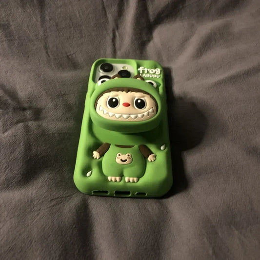 Söpö sarjakuva Labubu Zimomo silikoni jalustalla | Ruskea/vaaleanpunainen - iPhone-kuori