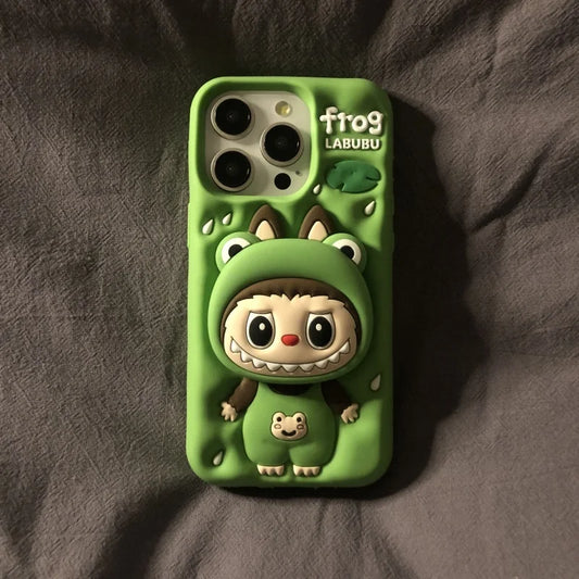 Söpö sarjakuva Labubu Zimomo silikoni jalustalla | Ruskea/vaaleanpunainen - iPhone-kuori