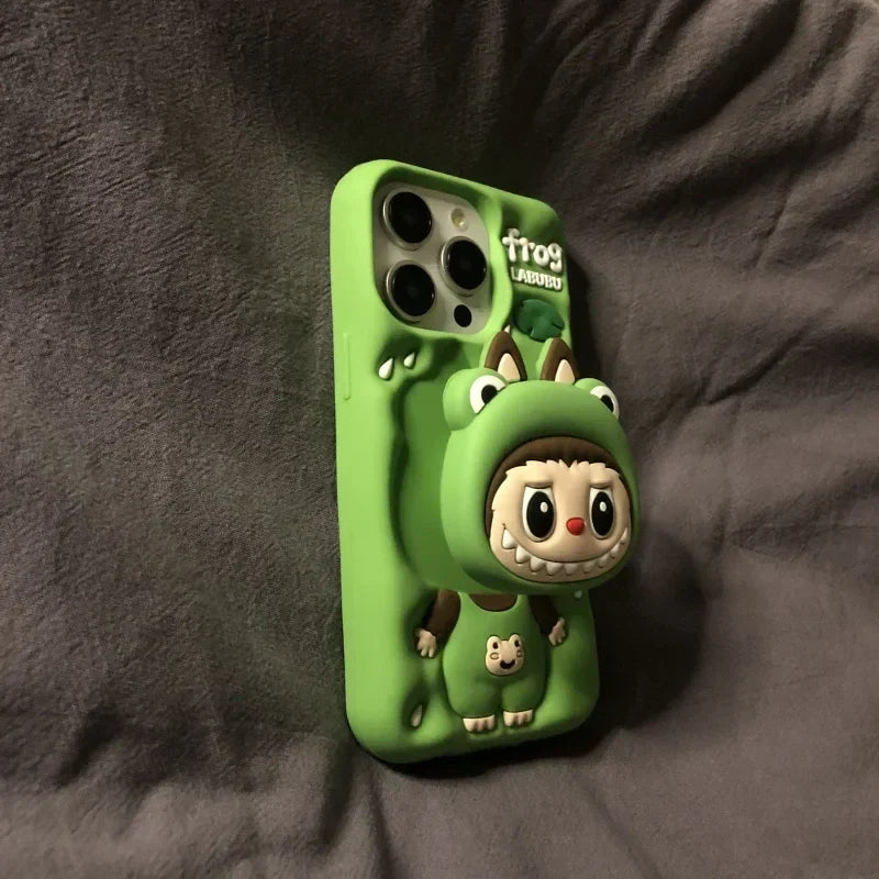 Aranyos rajzfilm Labubu Zimomo szilikon állvánnyal | Barna/rózsaszín - iPhone tok