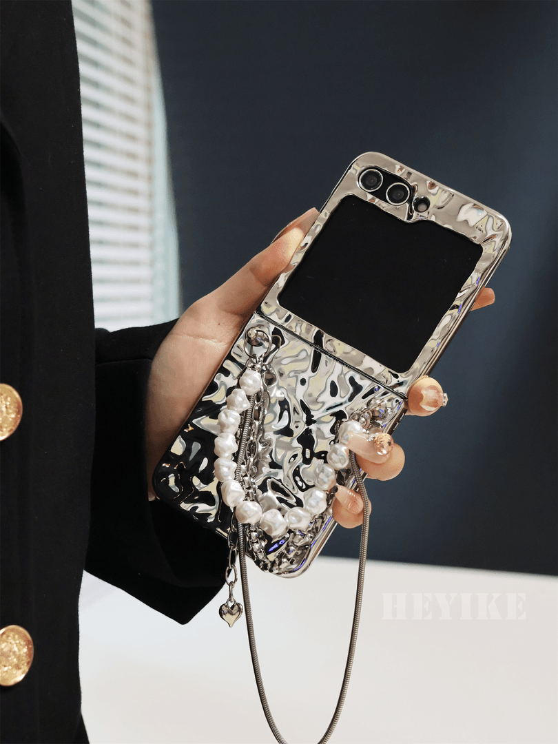 Capa Samsung Galaxy Z Flip 6/5/4/3 em liga de alumínio texturizada pérola crossbody