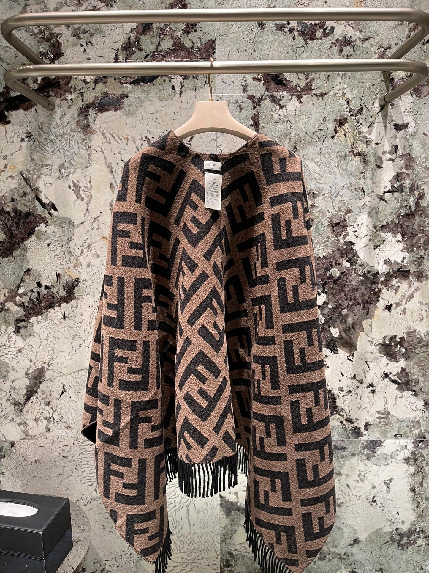 Geometric texture contrasting color knitted shawl, loose fringe warm exterior